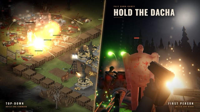 The same night from above and in first person: a mortar blast hits the Colossus at the wall