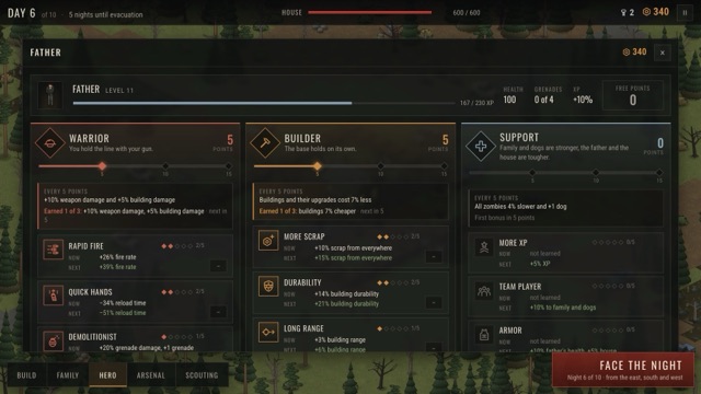 The father's skill tree: Warrior, Builder, Support